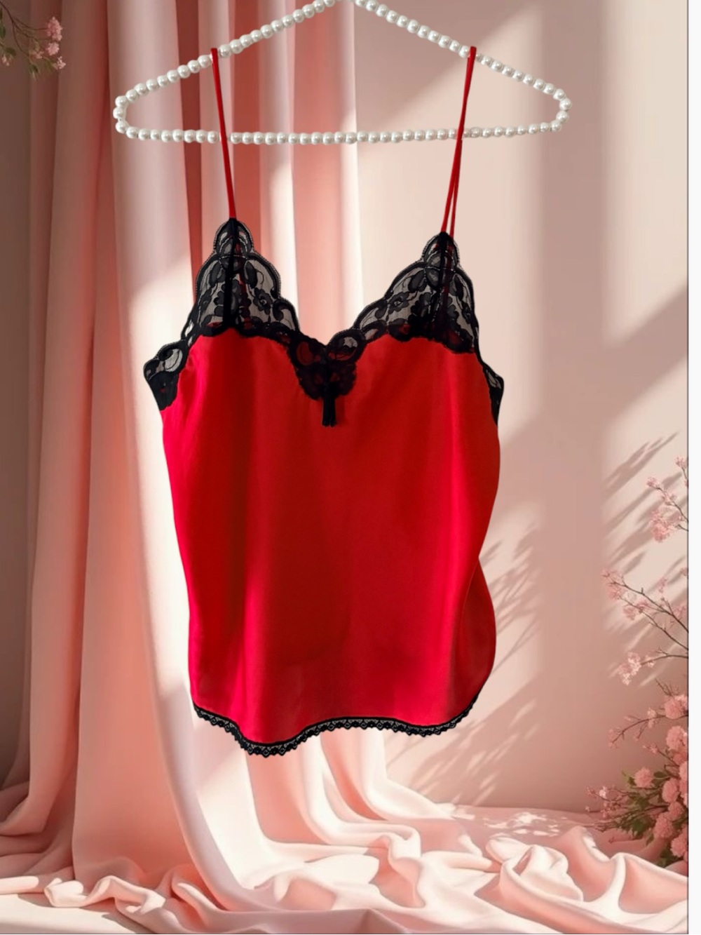 VTG Interludes by Cira Red Satin Black Lace Camisole Top Size M